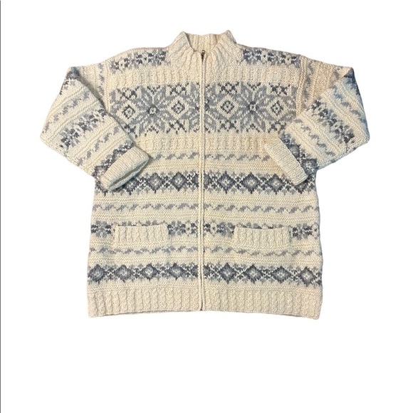 Vintage Hand Knit Jones NY Wool Cardigan Sweater PL Cream Blue  Zip Pockets - Picture 1 of 9